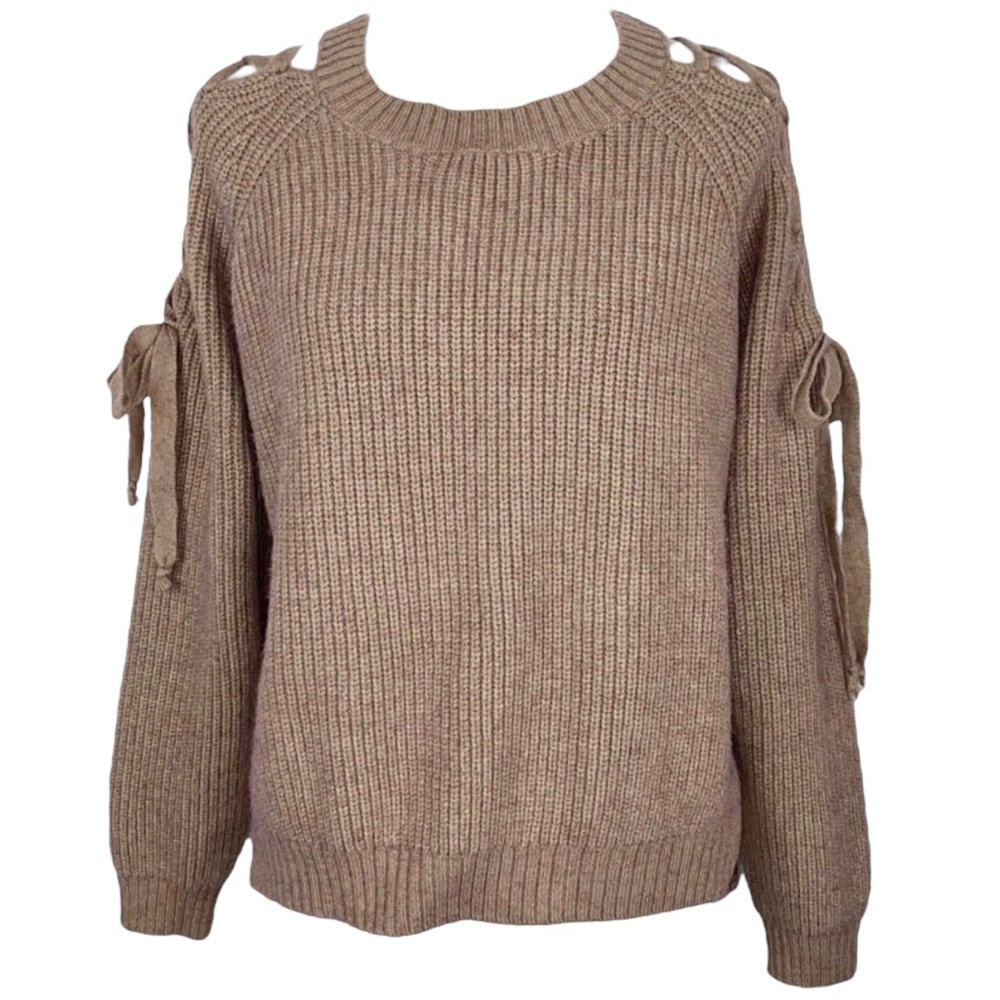 M/L Adeline Taupe Tan Chunky Cable Knit Cold Shoulder Lace Up Side Slit Sweater